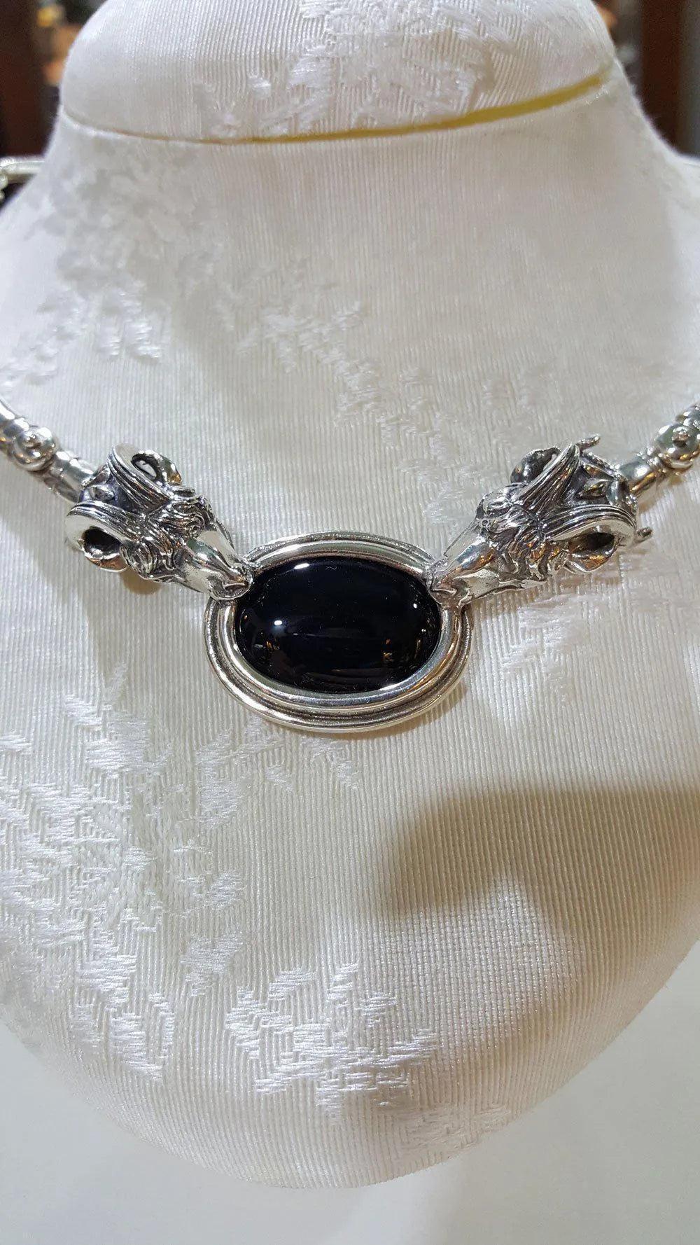 Handmade Sterling Silver Ram Necklace with Lapis Lazuli, Ancient Greek Terminals (PE-01)