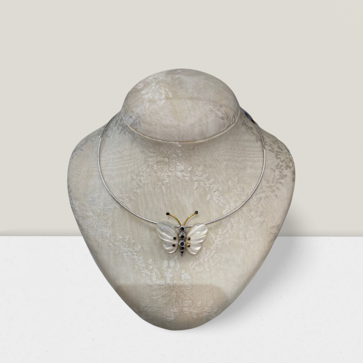 Necklace in handmade gold chain & butterfly with Mother of Pearl, Black Brilliants & Sapphires