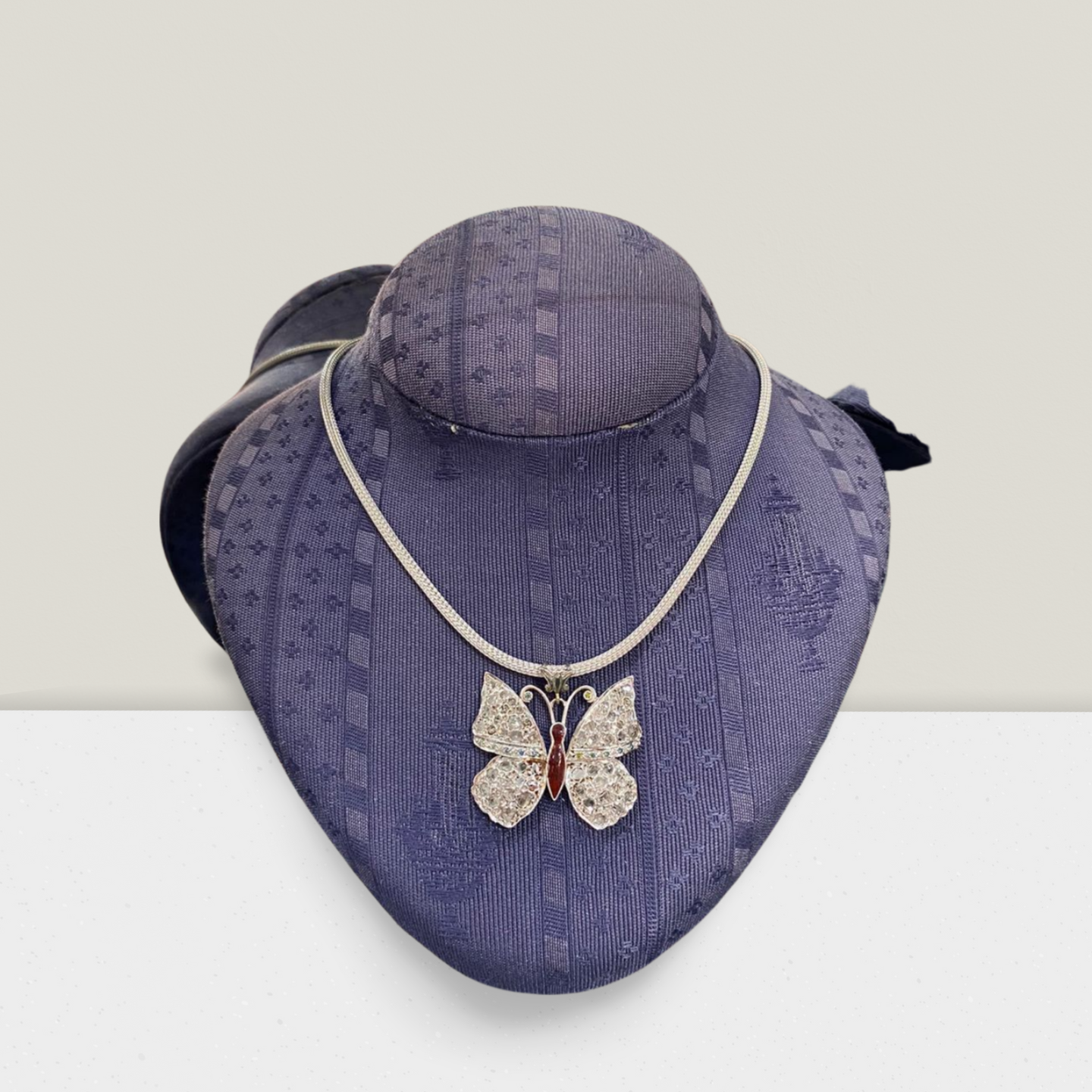 Necklace in handmade gold chain & gold butterfly with diamonds & green brilliants