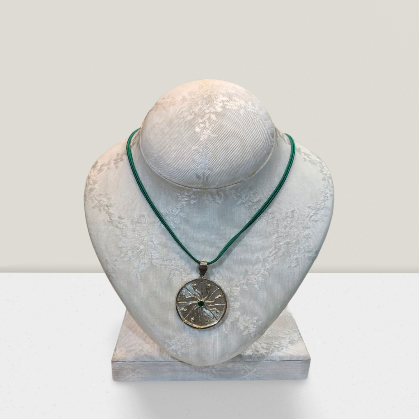 Sterling Silver and 14k Gold medallion with a green round stone, Energy Medallion, Handmade pendant, Greek Jewelry