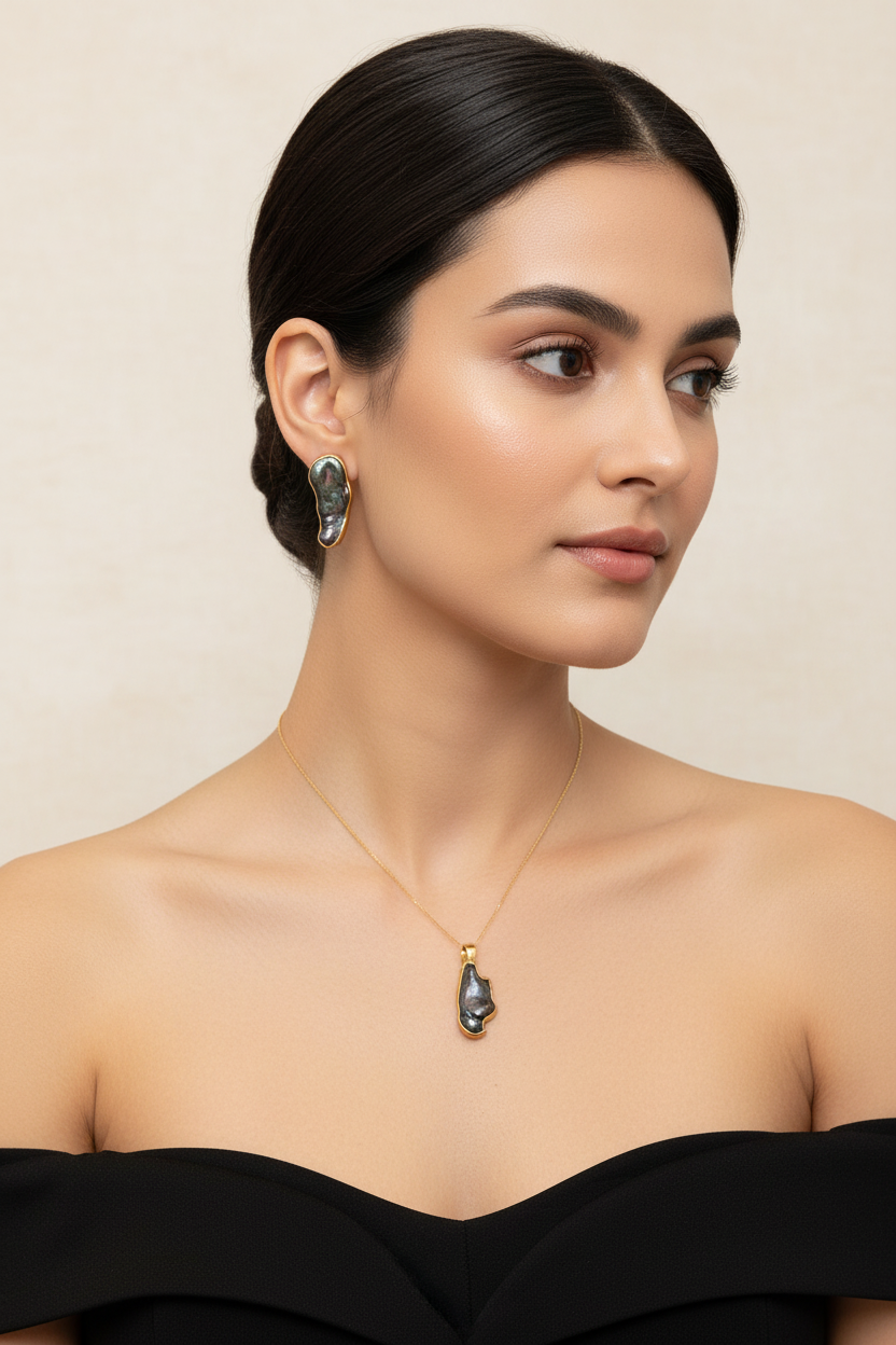 Jewellery set in 18k gold with a pearl