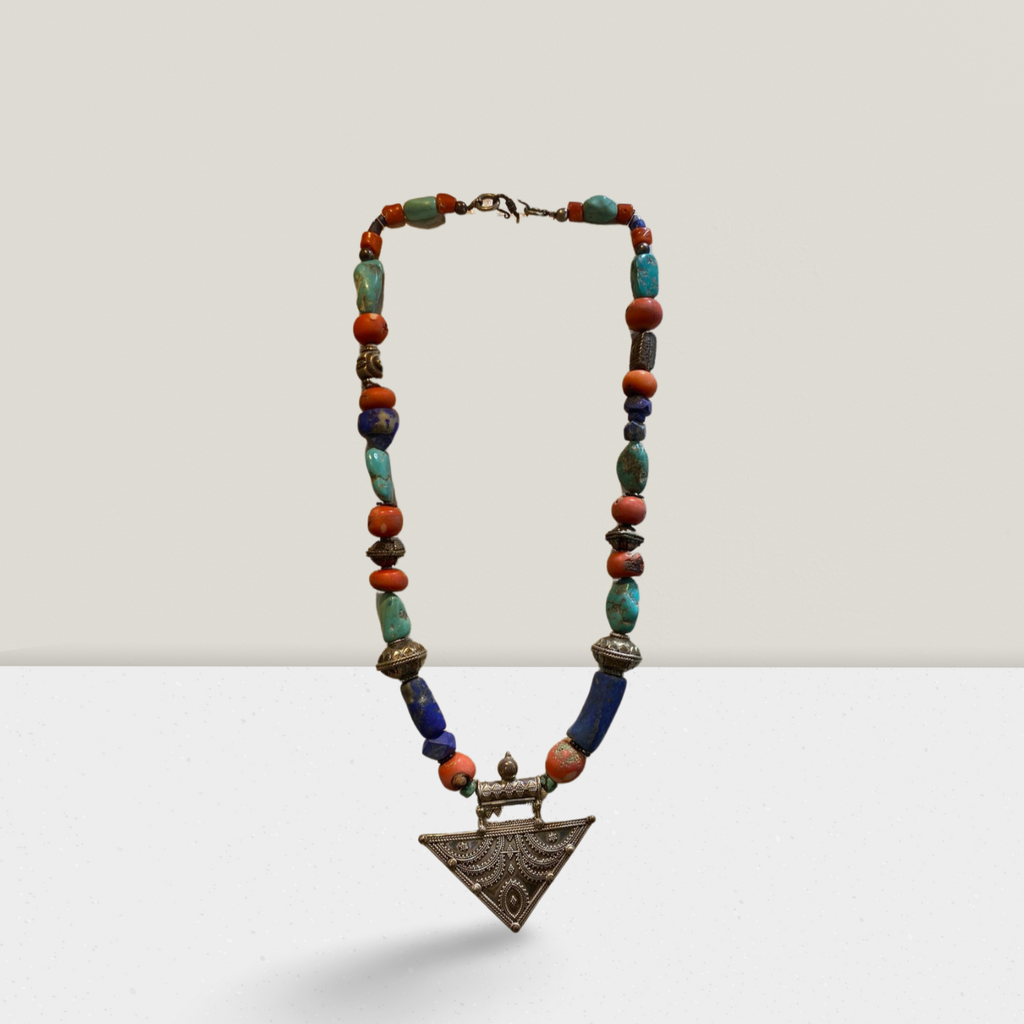 Necklace with Old Lapis Lazuli, Turquoise & Carnelian stone, with sterling silver elements