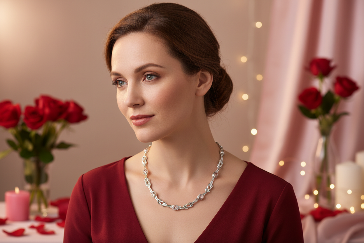 Woman wearing a silver necklace in a romantic setting with flowers and candles.