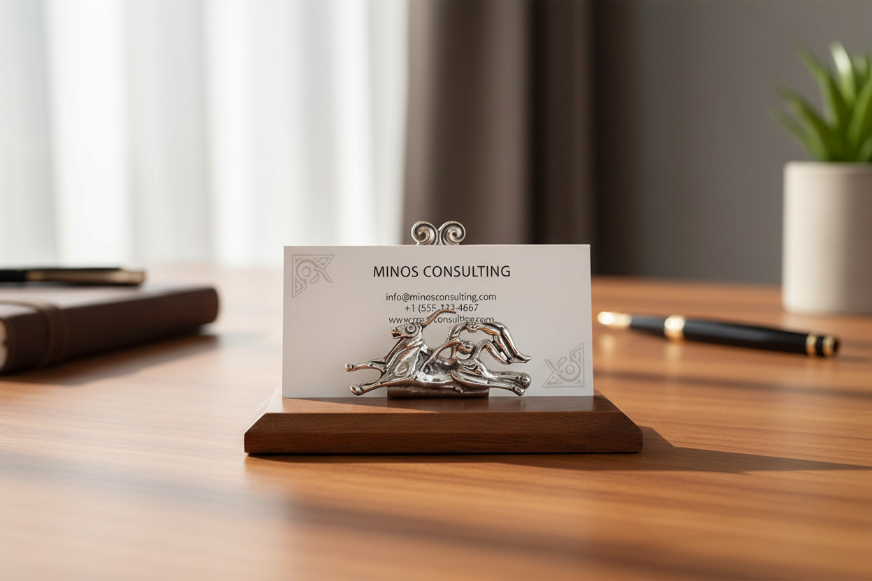 Minoan Bull leaping Desk business card holder display in sterling silver (A-25-3)