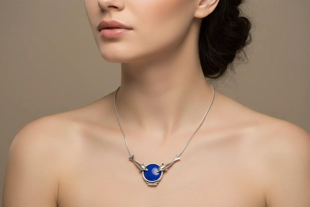 Minoan Dolphins Lapis Lazuli Sterling Silver Necklace (PE-14)