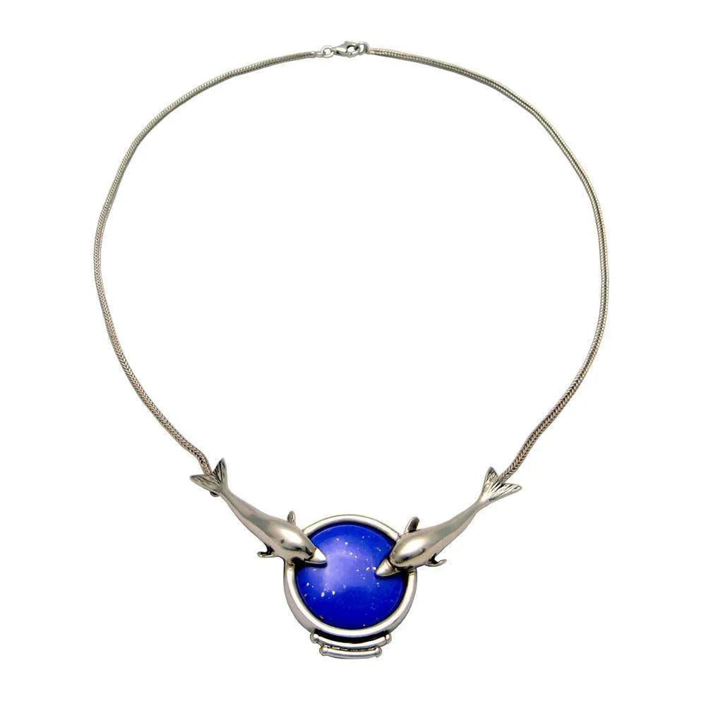 Minoan Dolphins Lapis Lazuli Sterling Silver Necklace (PE-14)