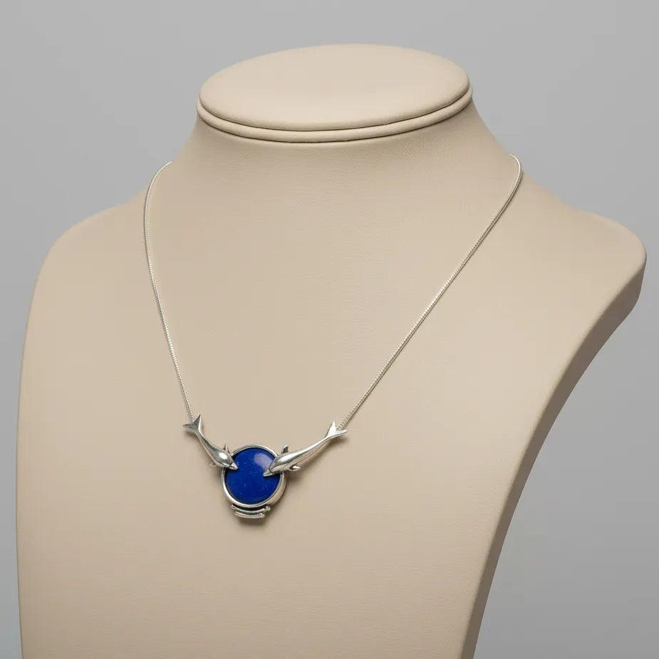 Minoan Dolphins Lapis Lazuli Sterling Silver Necklace (PE-14)
