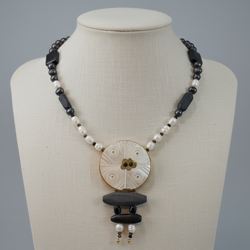 Necklace in 18k gold with Black Obsidian and Pearls