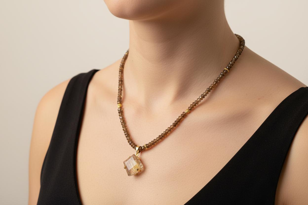 Necklace in 18k gold with Rutile Quartz and Andalusite stone