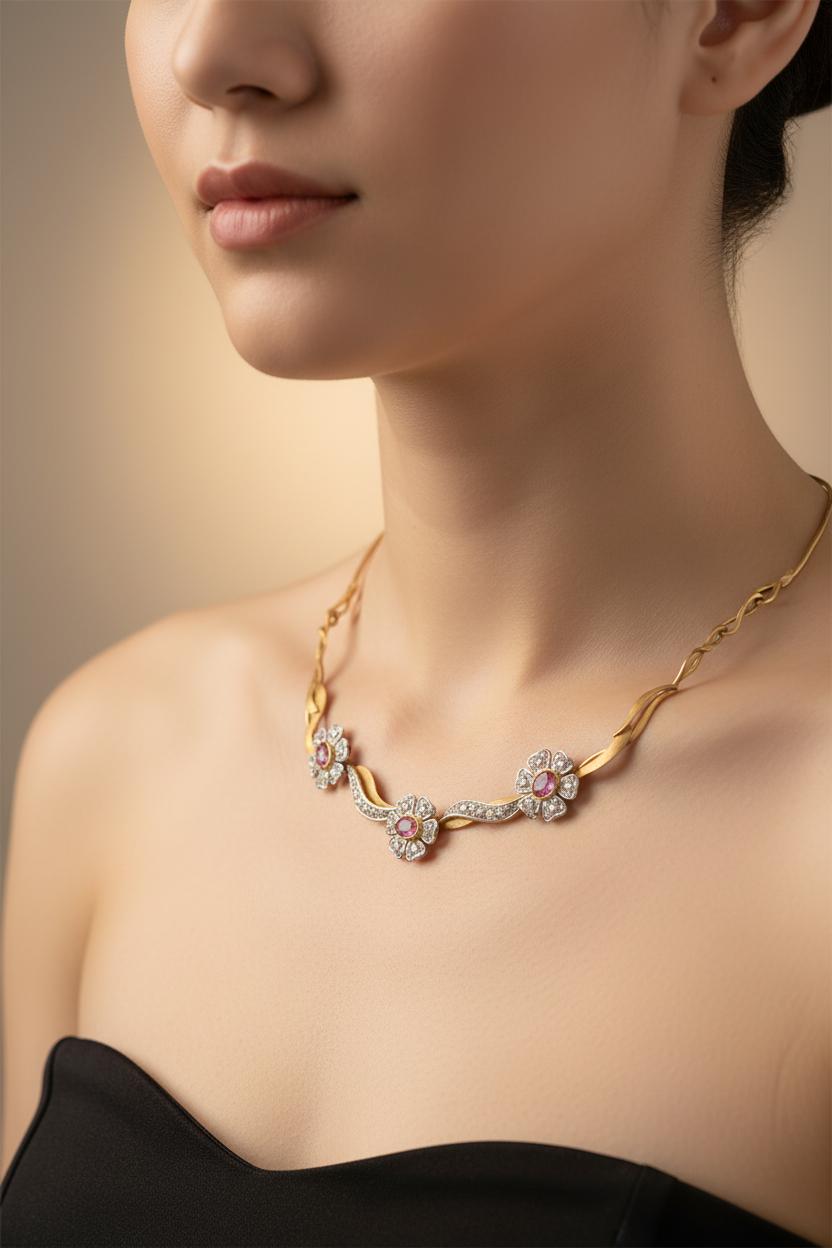 Necklace in 18k gold with pink tourmalines (9.20carats) and diamonds, one of a kind