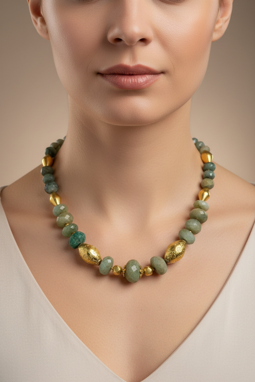 Necklace in 22k Gold with Raw Emerald stones
