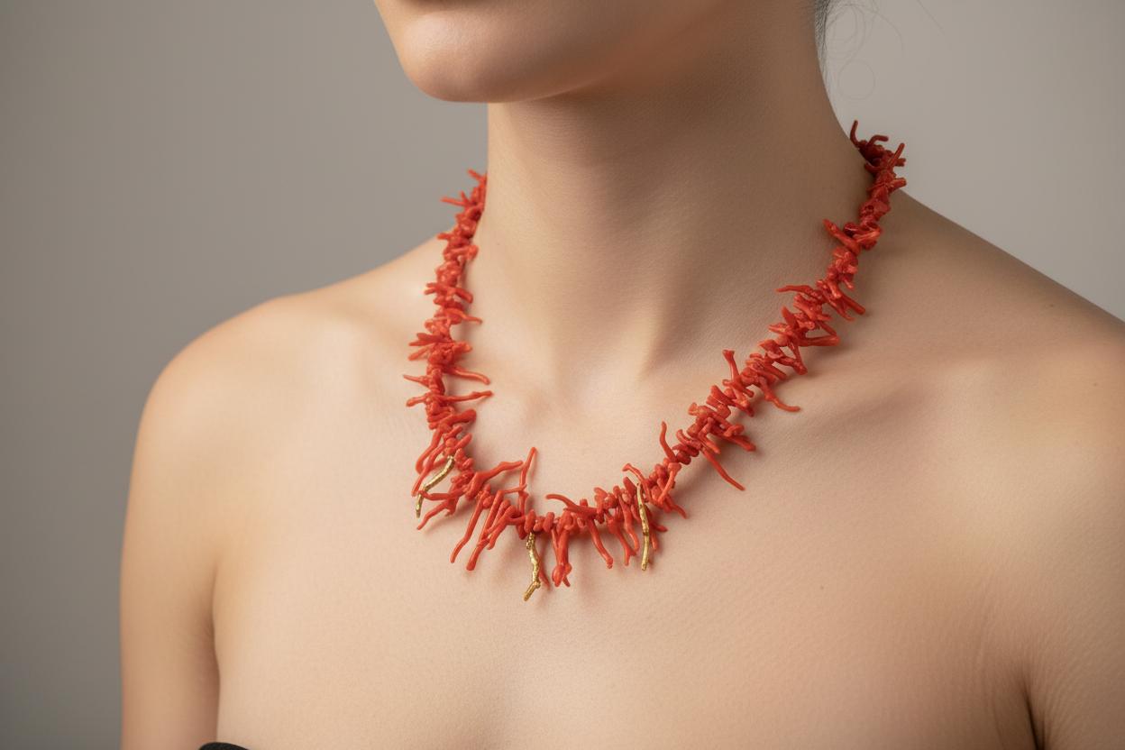 Necklace in Mediterranean Red Coral Gemstones & 18k gold elements