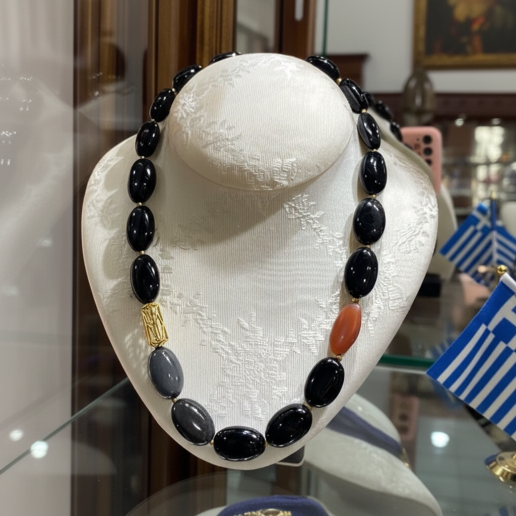 Necklace in Obsidian & Carnelian gemstones with 18k gold elements