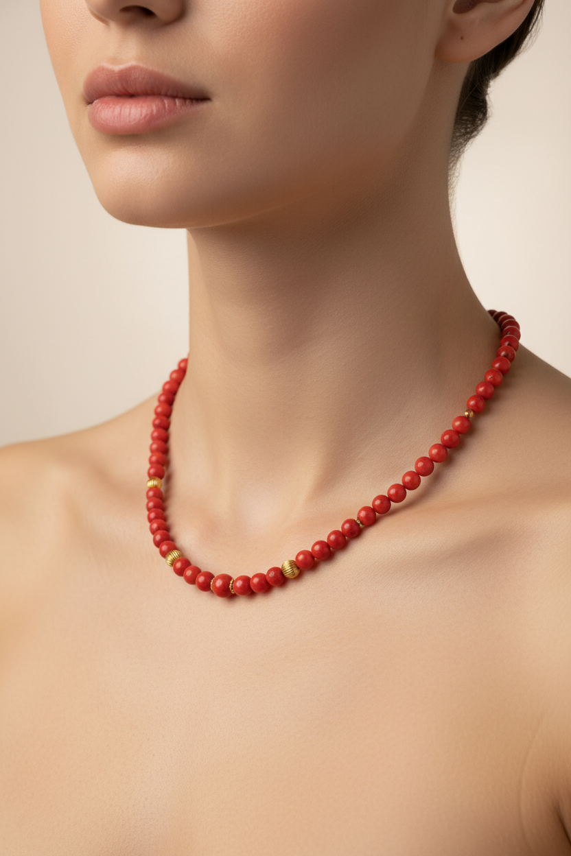 Necklace in Red Coral Gemstones and 18k gold elements