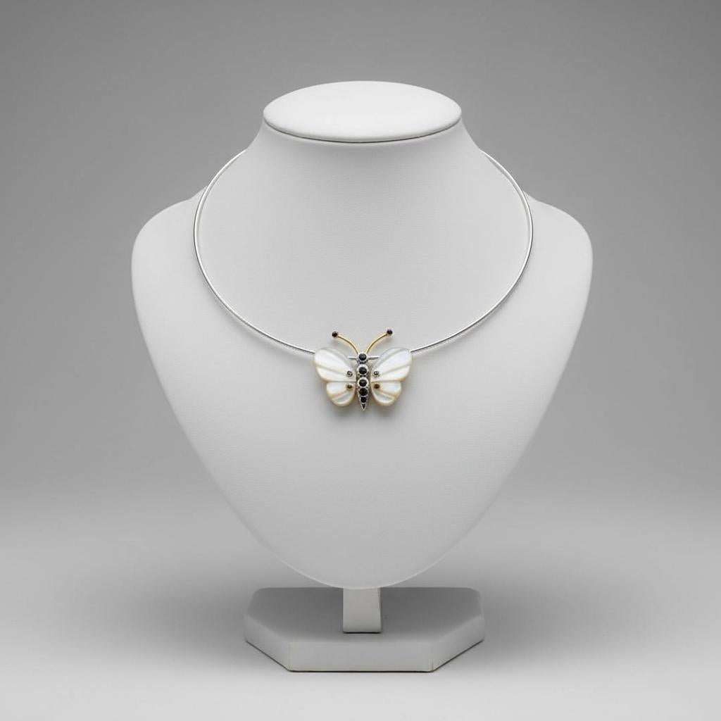 Necklace in handmade gold chain, Butterfly with Mother of Pearl, Black Brilliants and Sapphires