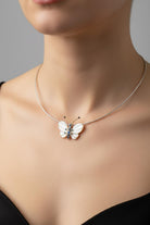 Necklace in handmade gold chain, Butterfly with Mother of Pearl, Black Brilliants and Sapphires