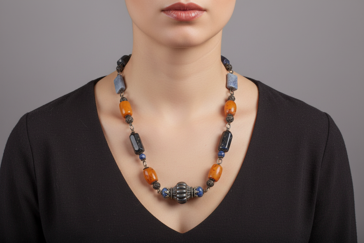 Necklace in sterling silver with Amber, Lapis Lazuli, Onyx