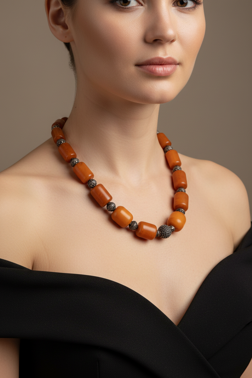Necklace in sterling silver with authentic amber
