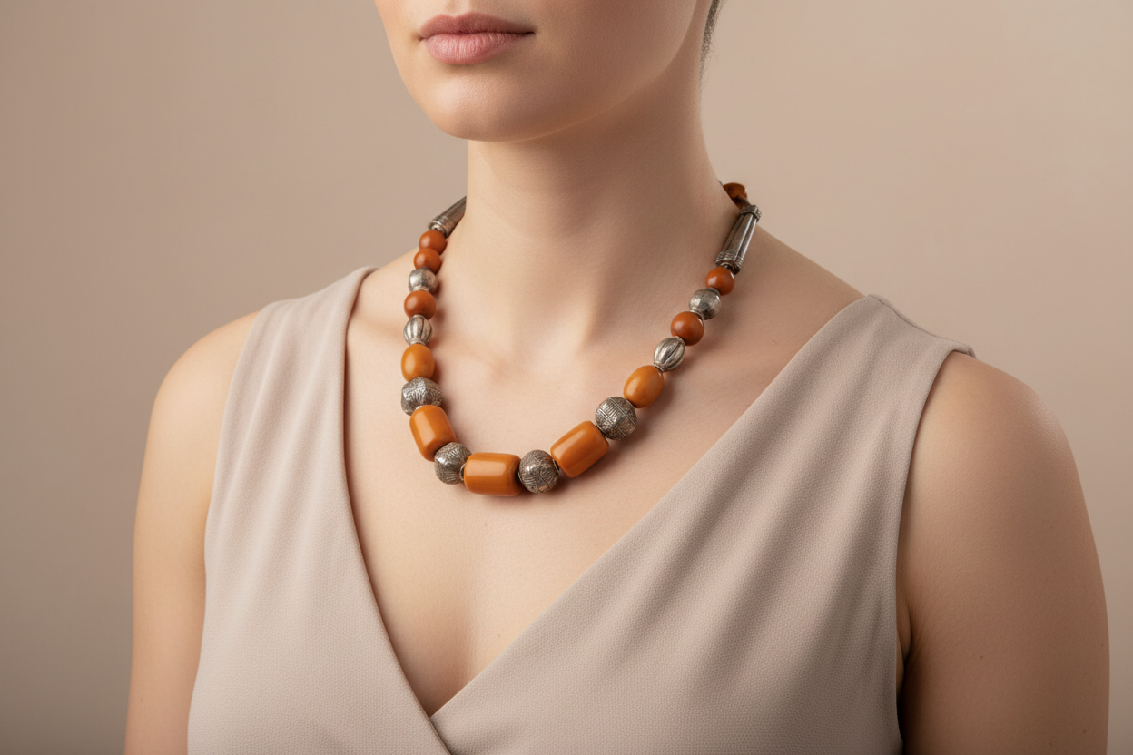 Necklace in sterling silver with old amber