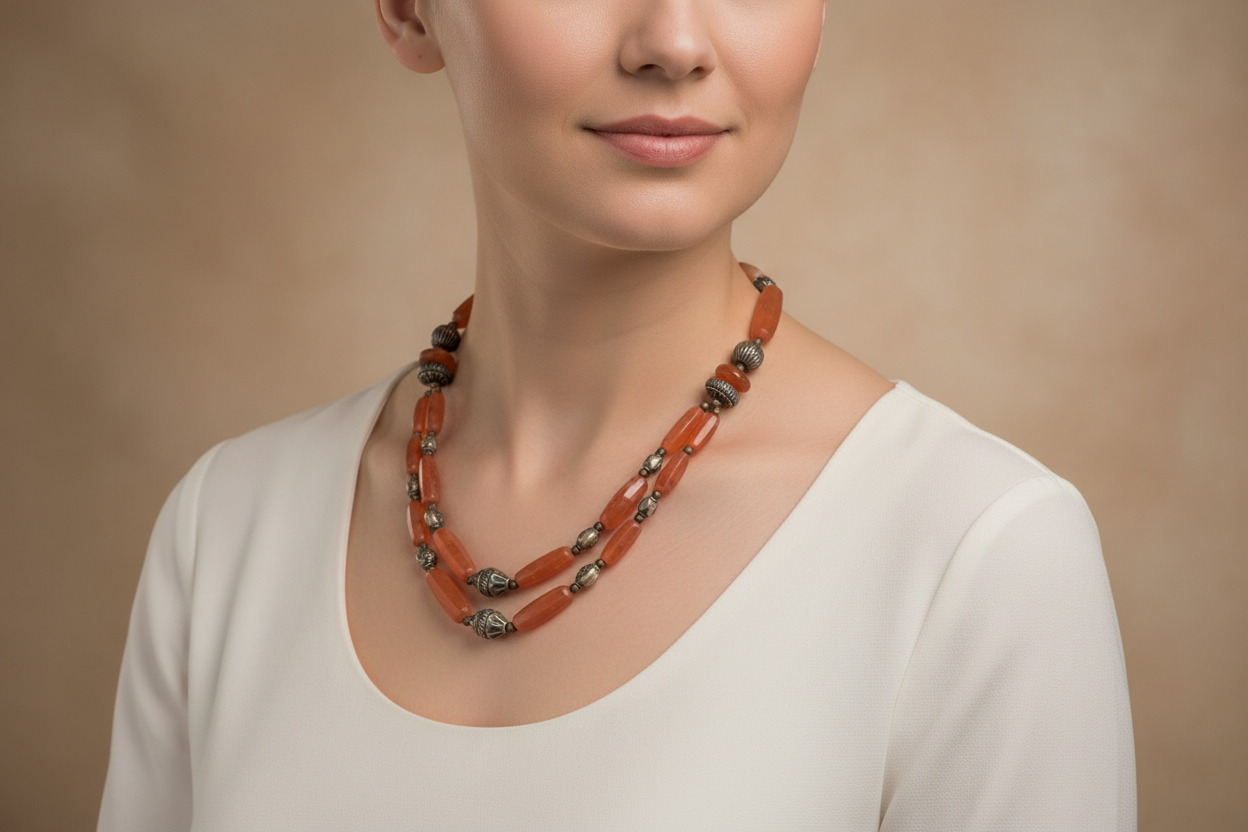 Necklace in sterling silver with old carnelian