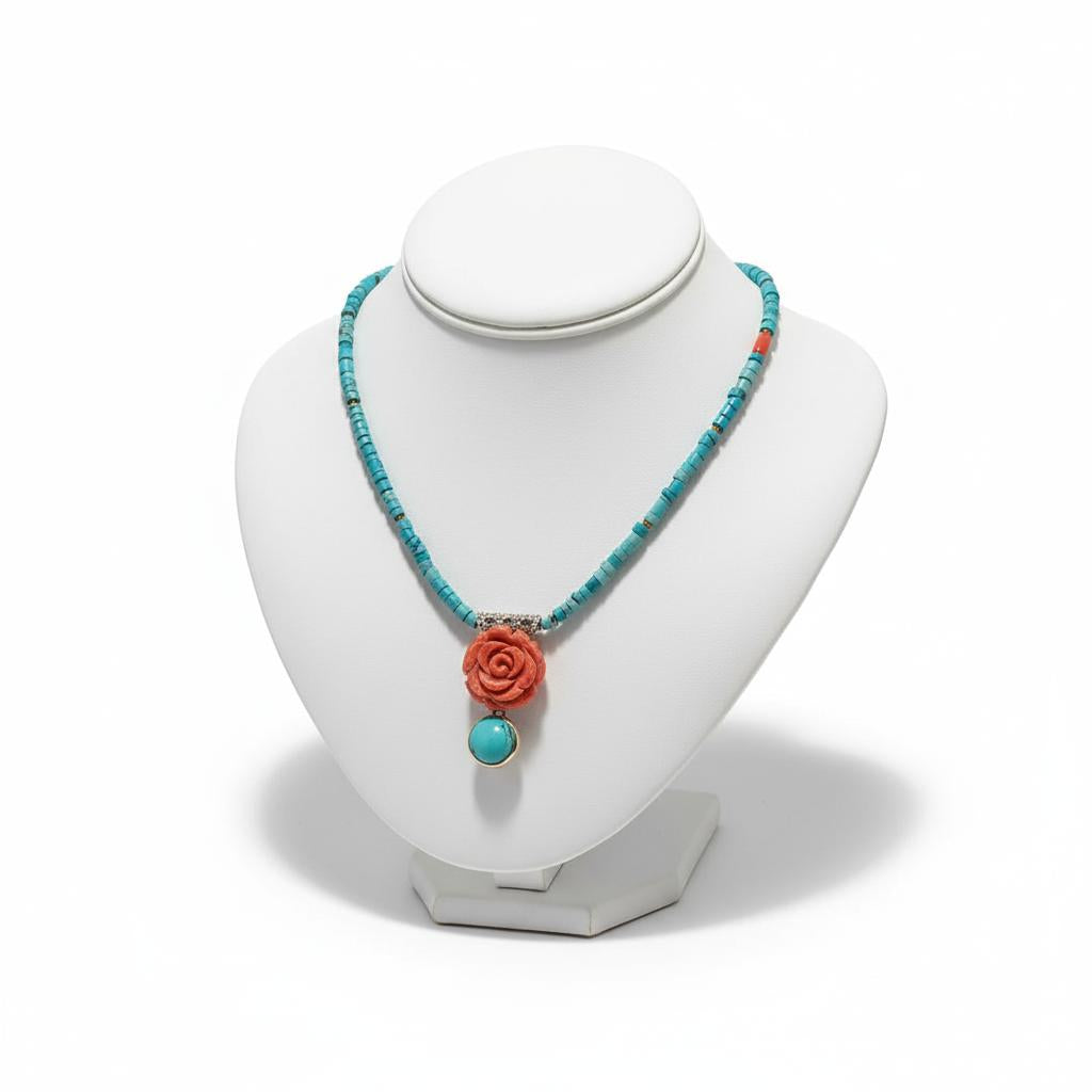 Necklace in turquoise stones and coral stones, coral stone in rose design, white 18k gold