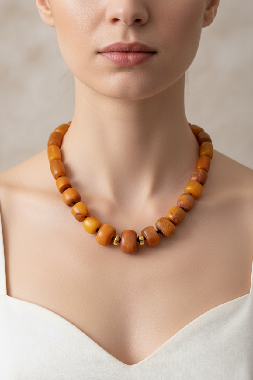 Necklace in vintage amber kachraman gemstones and gold 18k elements