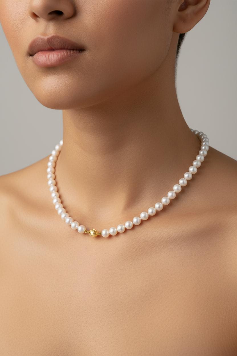 Necklace in white Akoya pearls with 18k gold closure