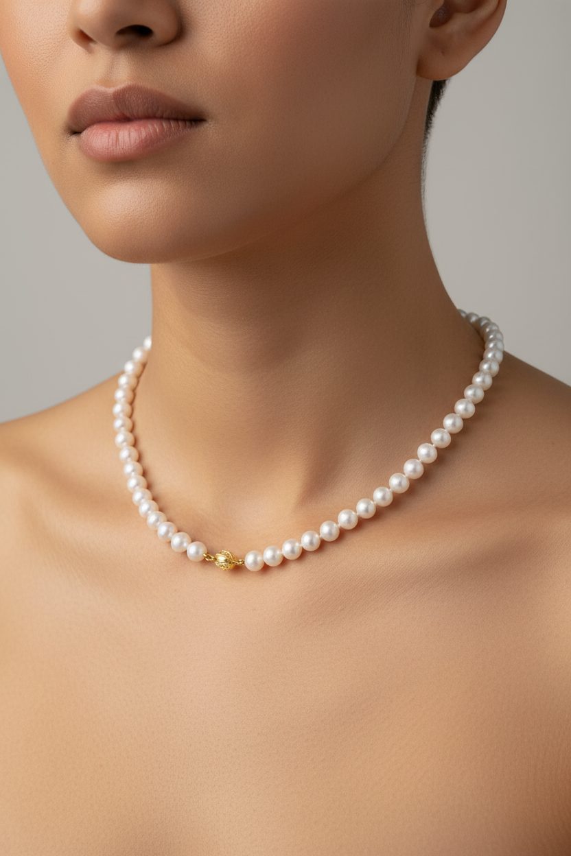 Necklace in white Aqua pearls with 18k gold closure