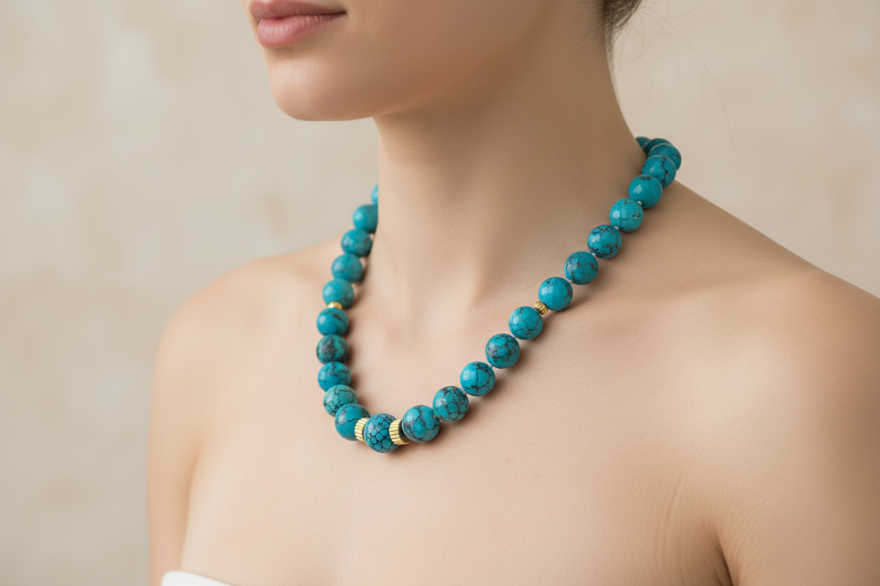 Necklace with Arizona Turquoise stones and gold 18k elements