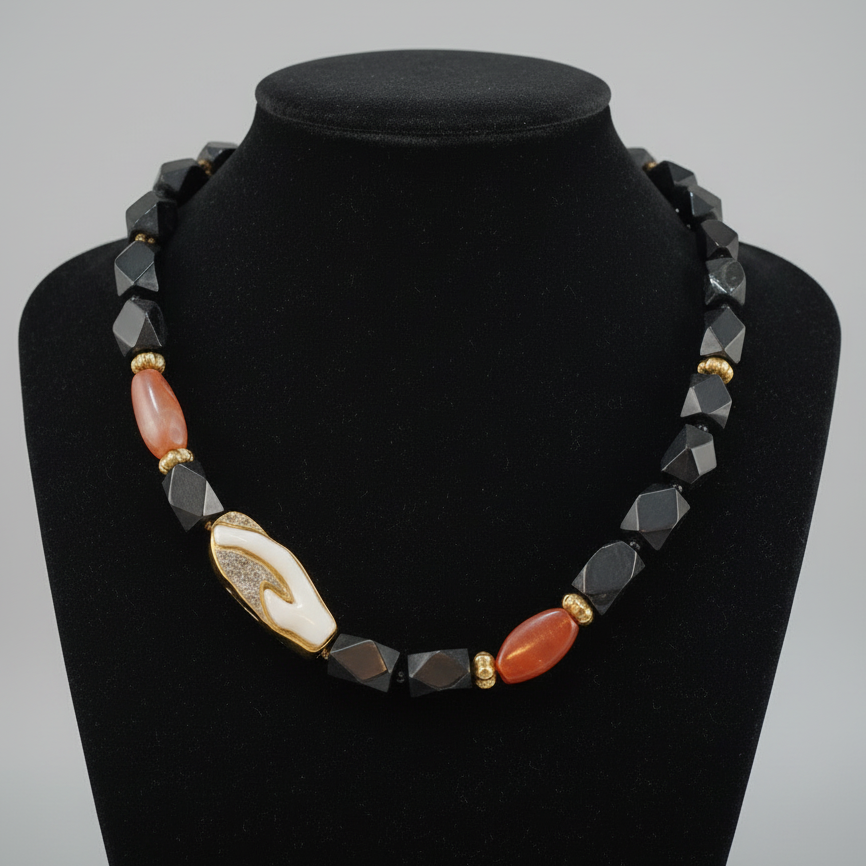 Necklace with Black Obsidian, Carnelian, Coral with Diamonds and 18k gold elements