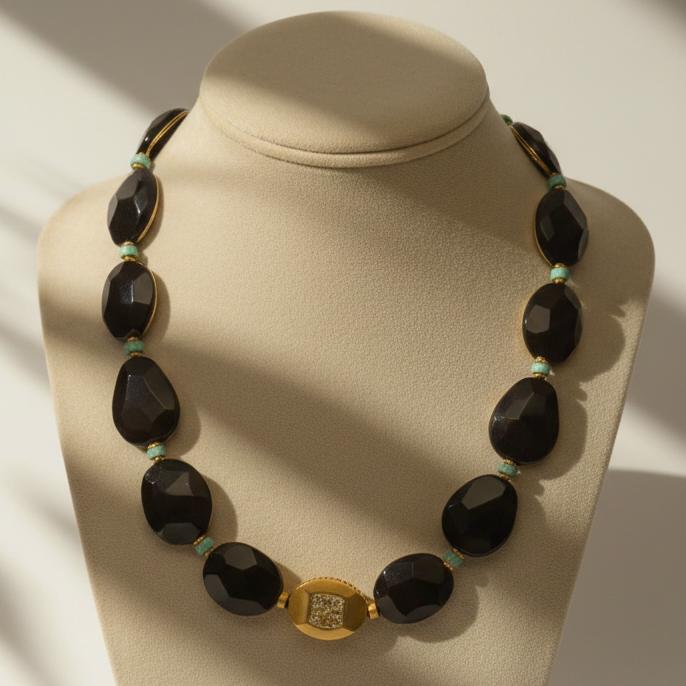 Necklace with Black Obsidian, Turquoise gemstones and diamonds in 18k gold elements