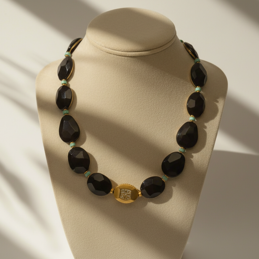 Necklace with Black Obsidian, Turquoise gemstones and diamonds in 18k gold elements
