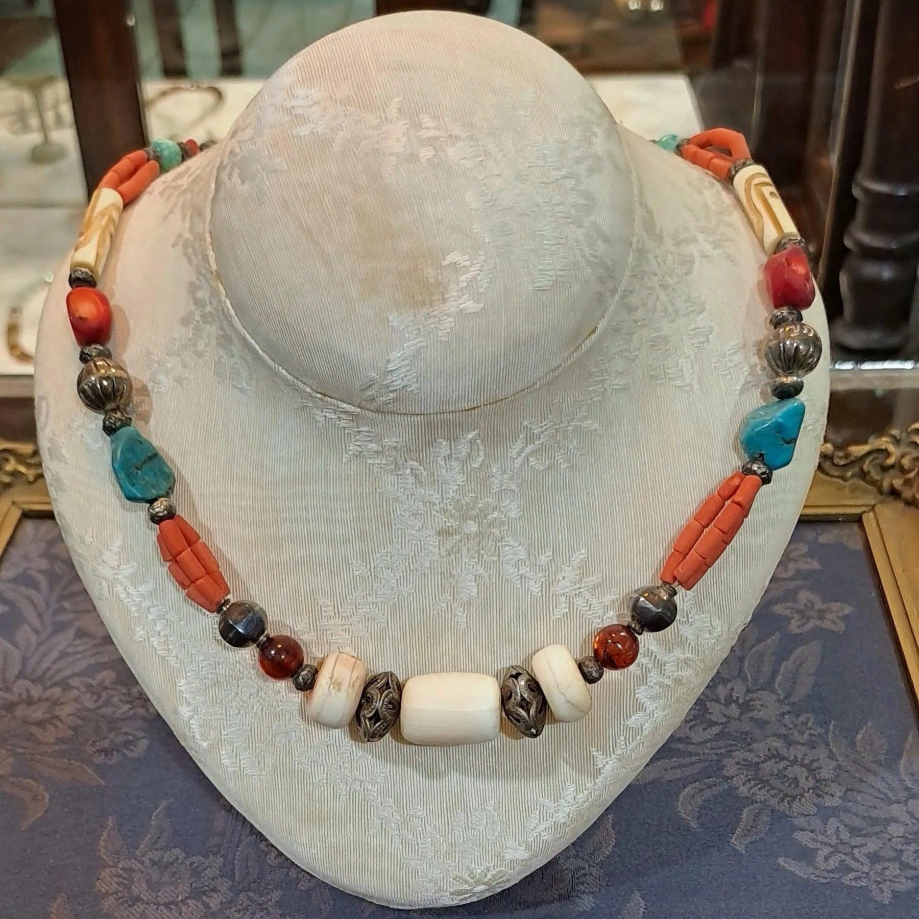 Necklace with Bone Stones amber corals turquoise stones and sterling silver