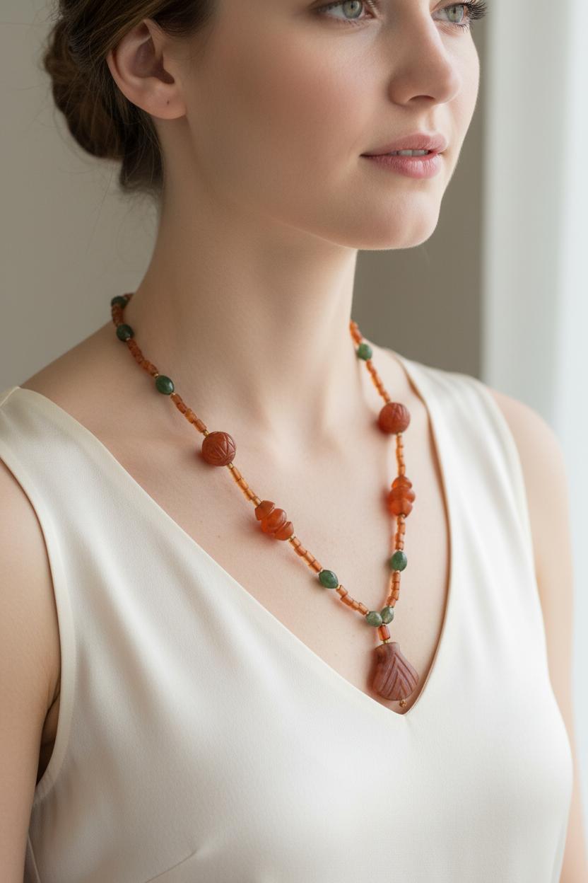 Necklace with Old Carnelian, Benzahir and gold 18k elements