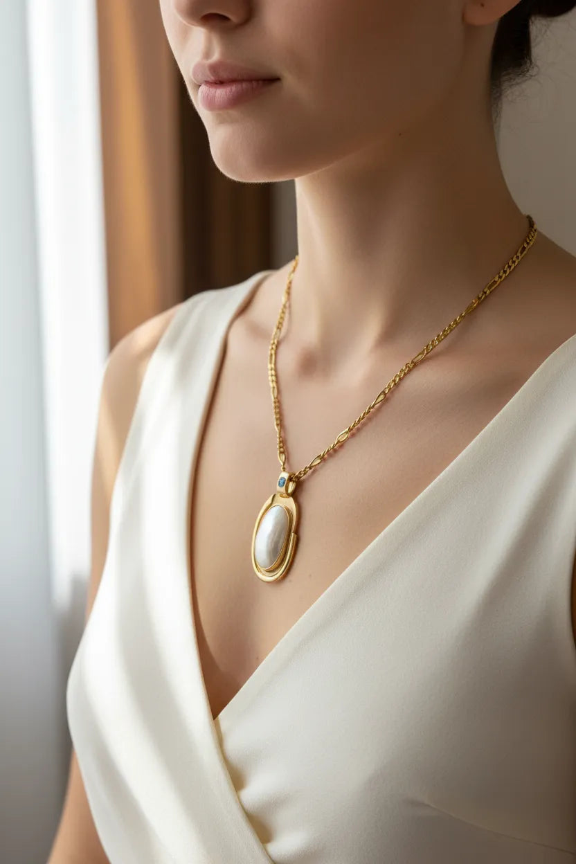 Necklace with a 18k gold medallion mother of pearl and a bleu topaz in a hand made 14k. gold chain