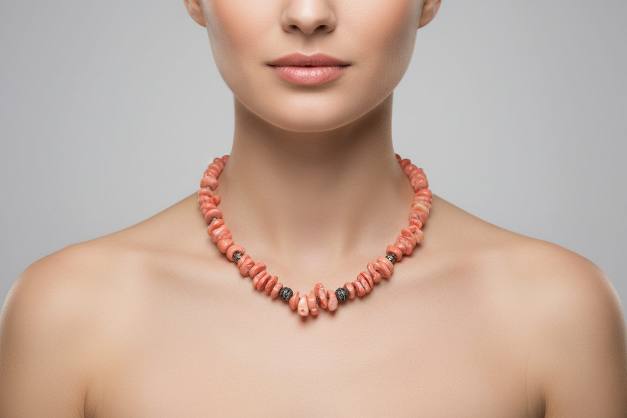 Necklace with baroque Pink Coral Stones (Angel Skin) and Silver Elements