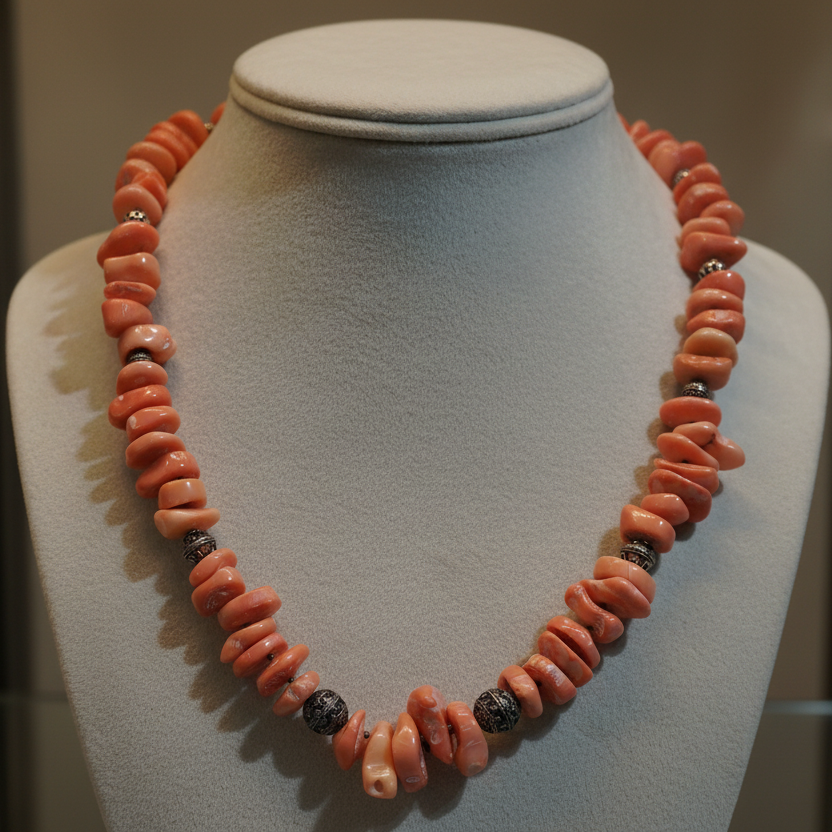 Necklace with baroque Pink Coral Stones (Angel Skin) and Silver Elements