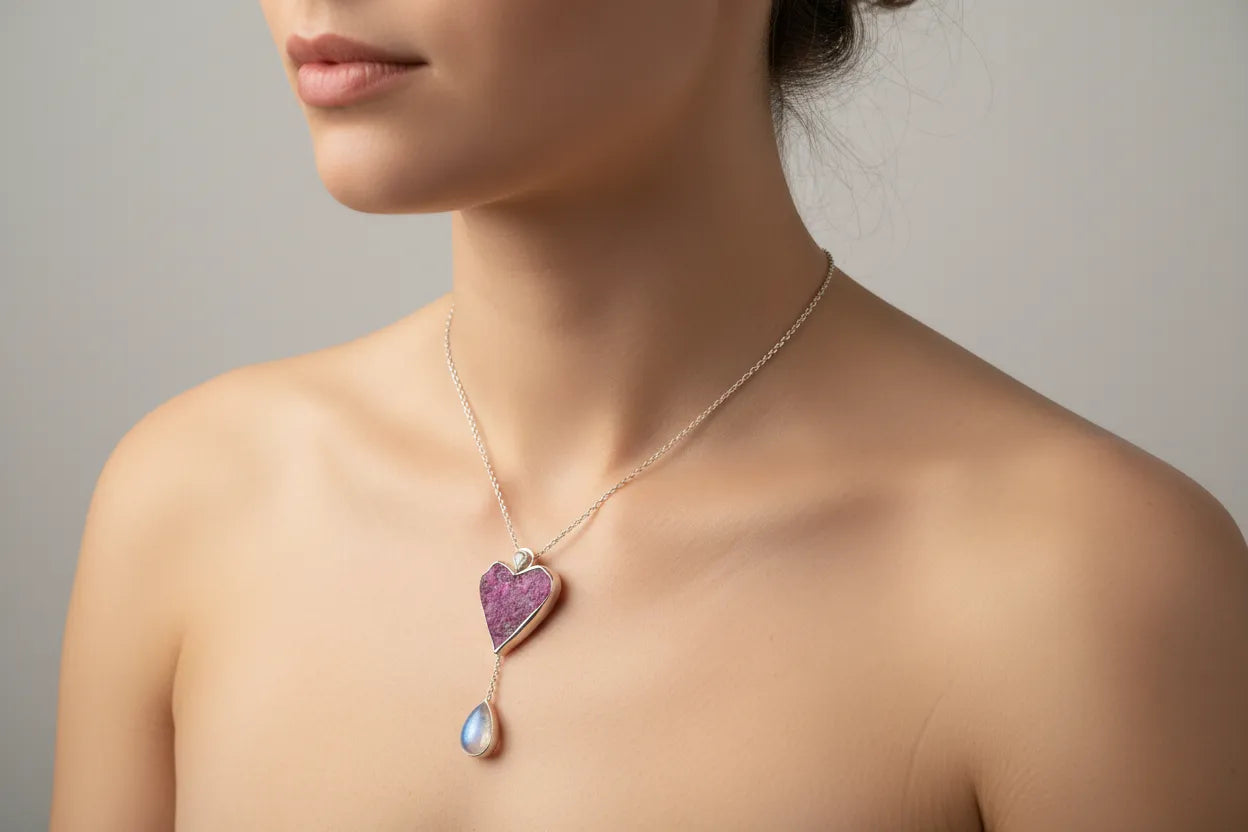 Pendant in Sterling silver, Raw diopside and moonstone diamond