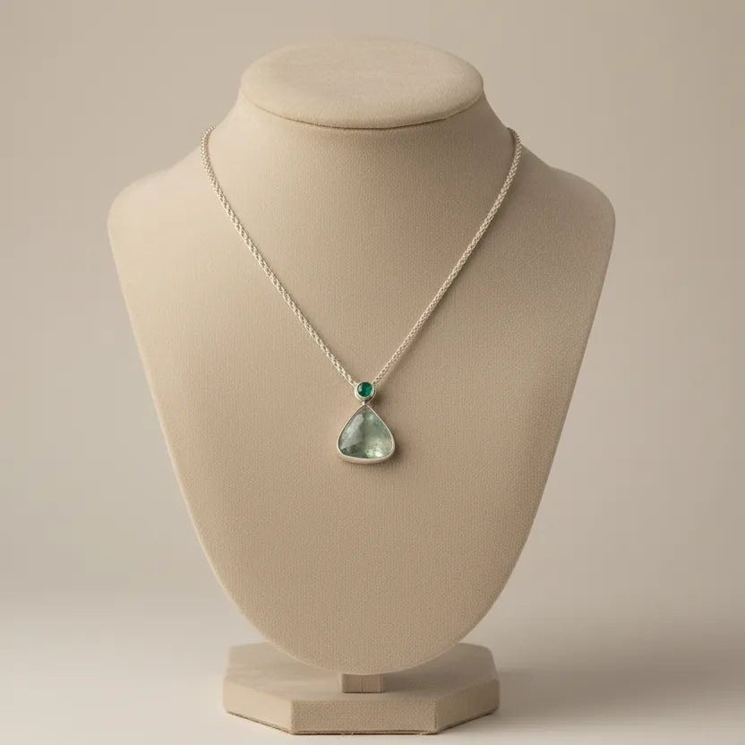 Pendant in Sterling silver with Emerald Fluorite and Aqua Marine