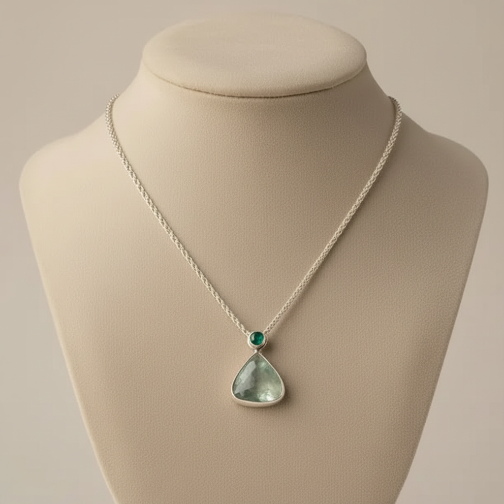 Pendant in Sterling silver with Emerald Fluorite and Aqua Marine