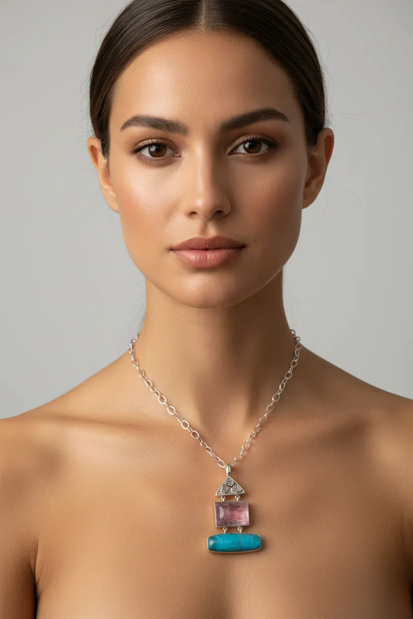 Pendant in Sterling silver with Kunzite and Turquoise stones, Raw Crystal Diamond