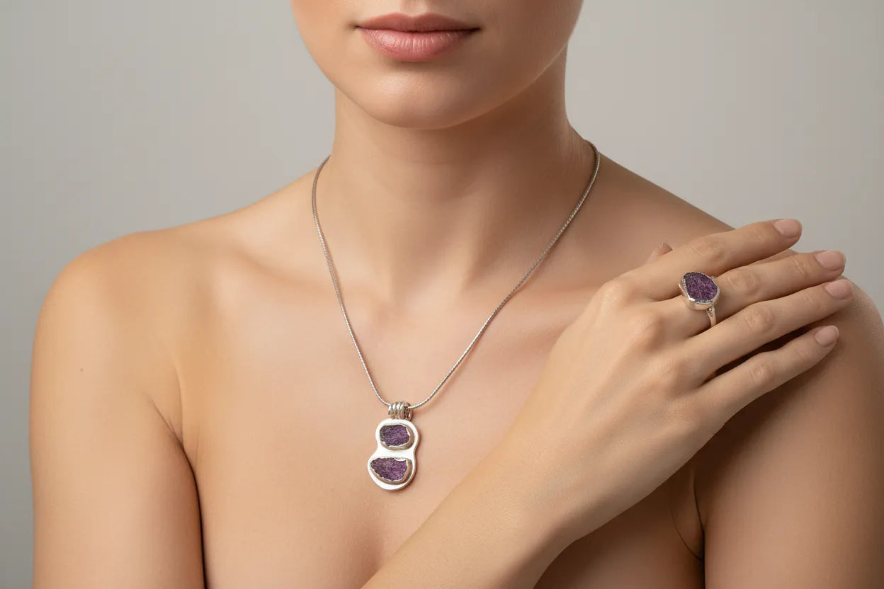 Pendant in sterling silver with Raw Purple Diopside and old chain