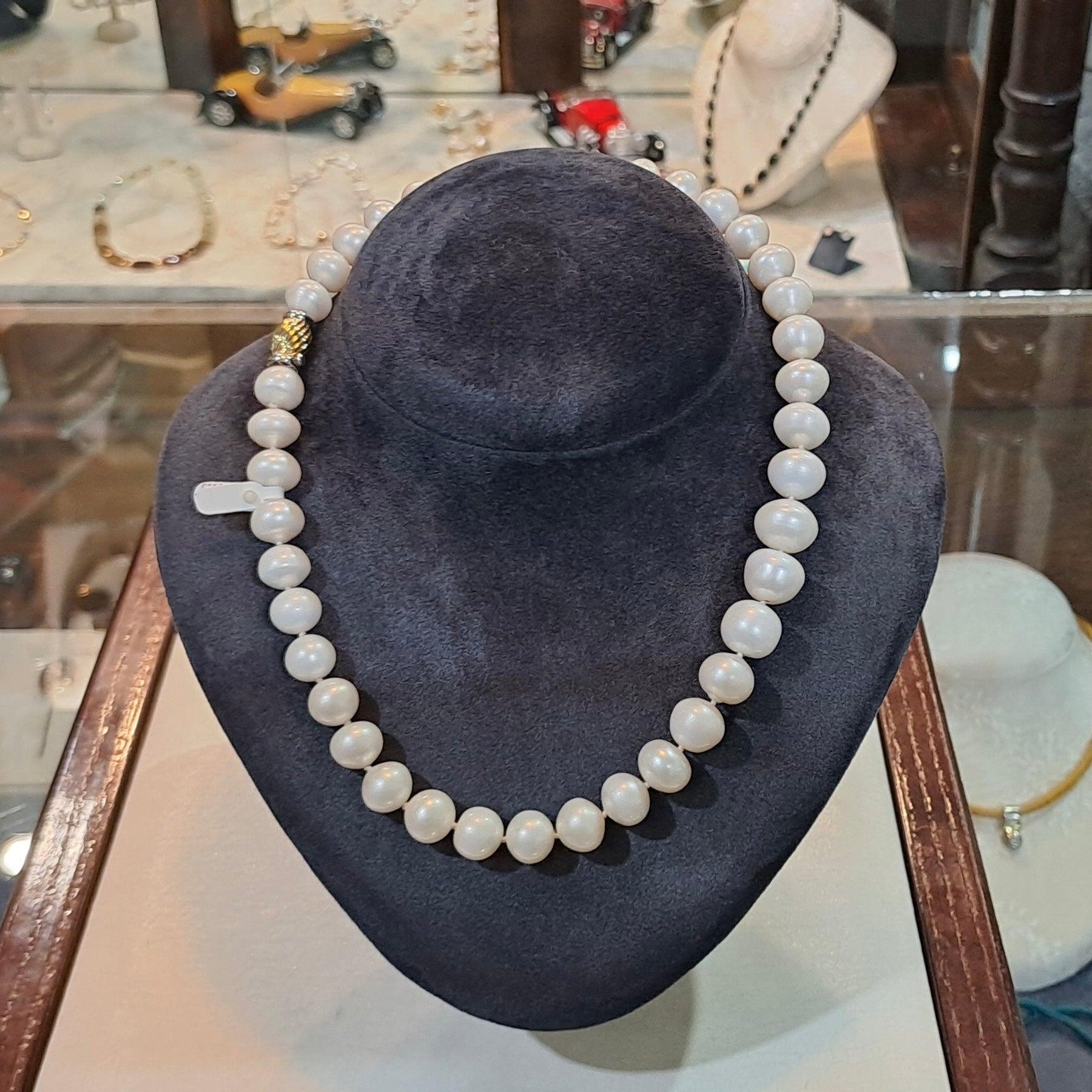 Potato Shape Pearl Necklace, 14k Gold Closure, Elegant White Gold Jewelry (DV PE-92)
