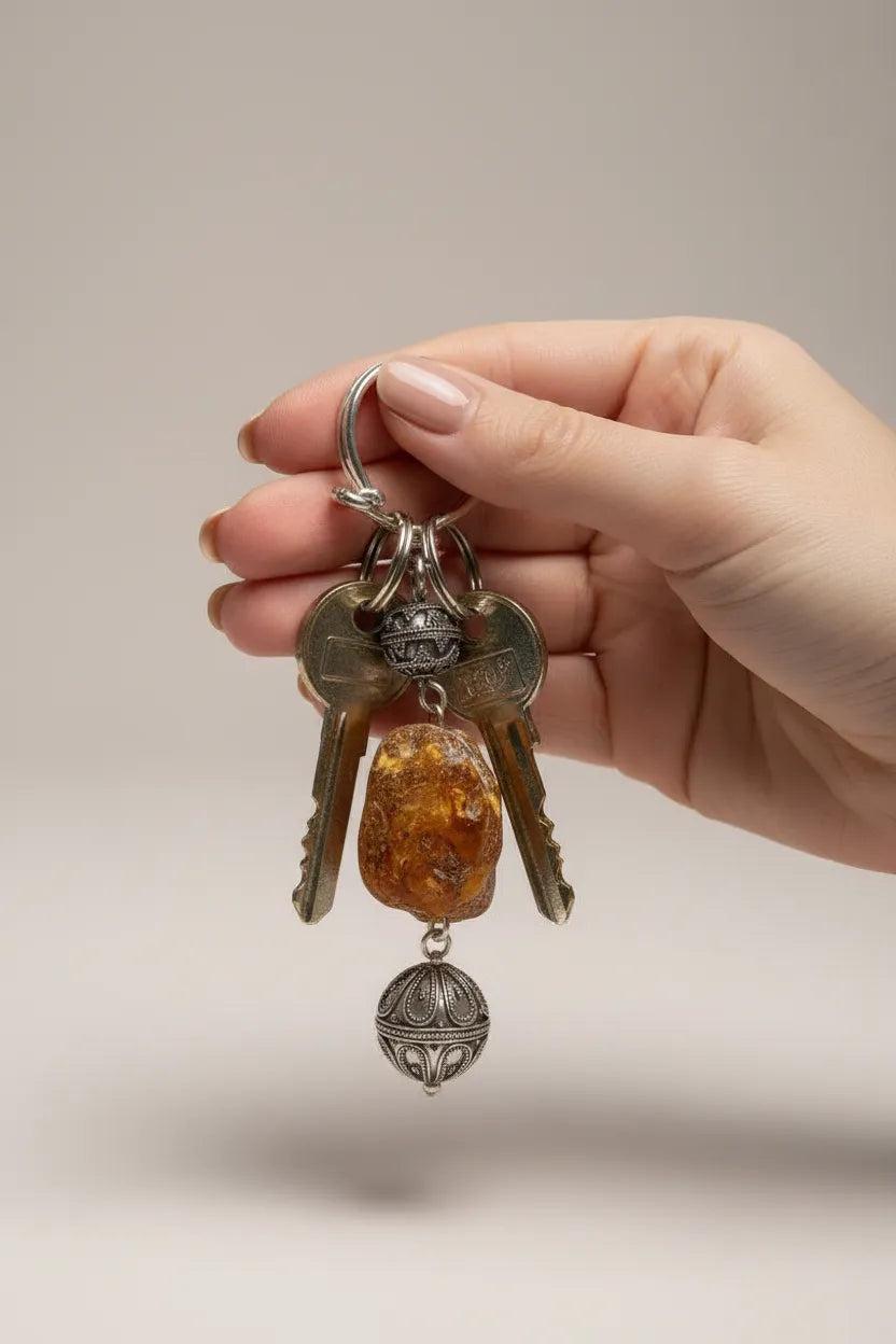 Raw Baltic Amber Sterling Silver Keyring, Greek Jewelry, Vintage Style (DV KEY-01)