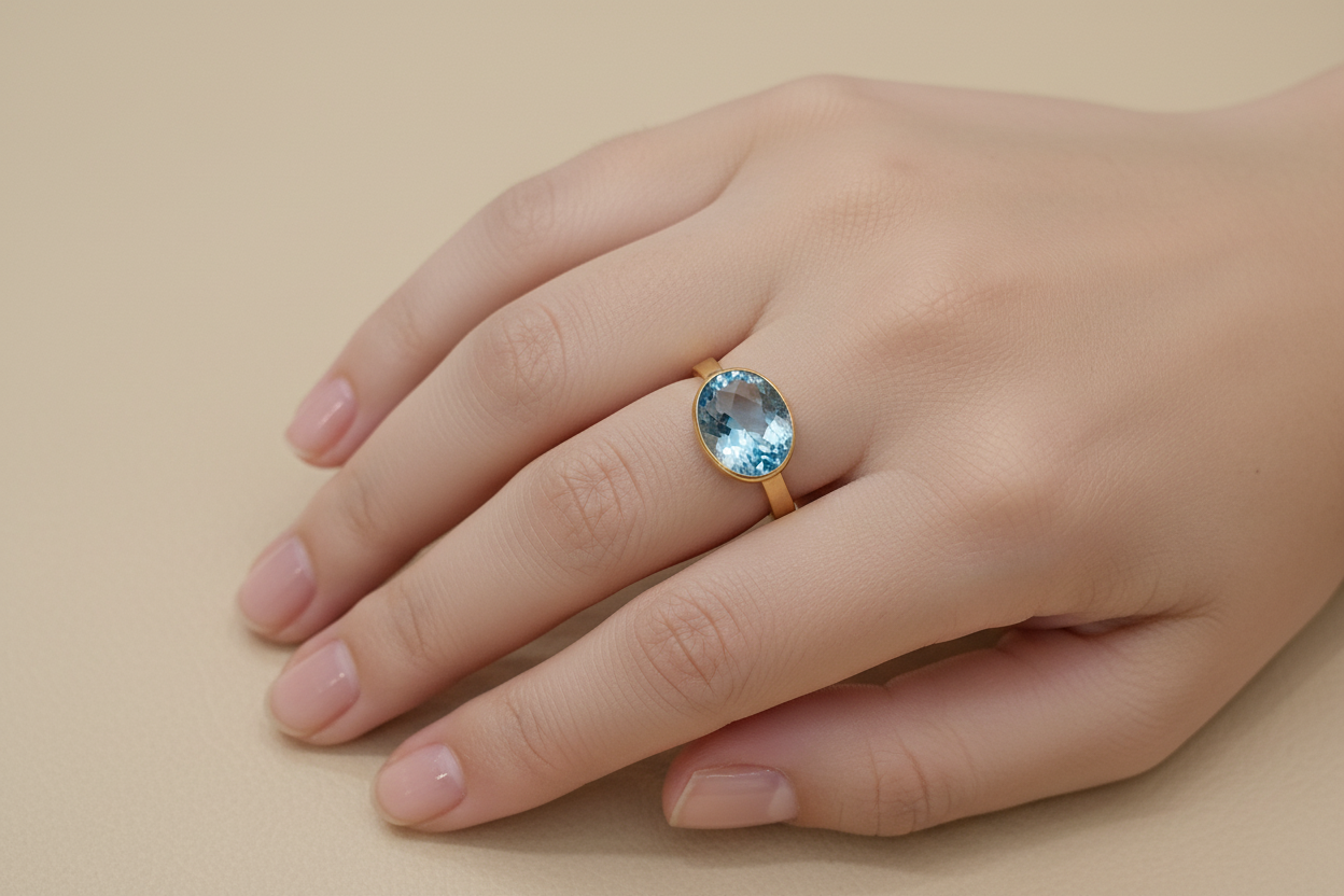 Ring in 14k gold with a blue topaz (B-122)