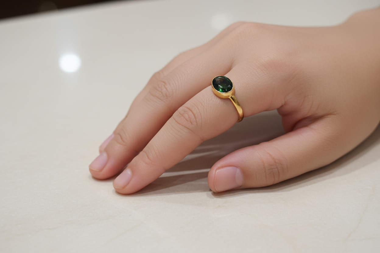 Ring in 14k gold with a green tourmaline (B-117)