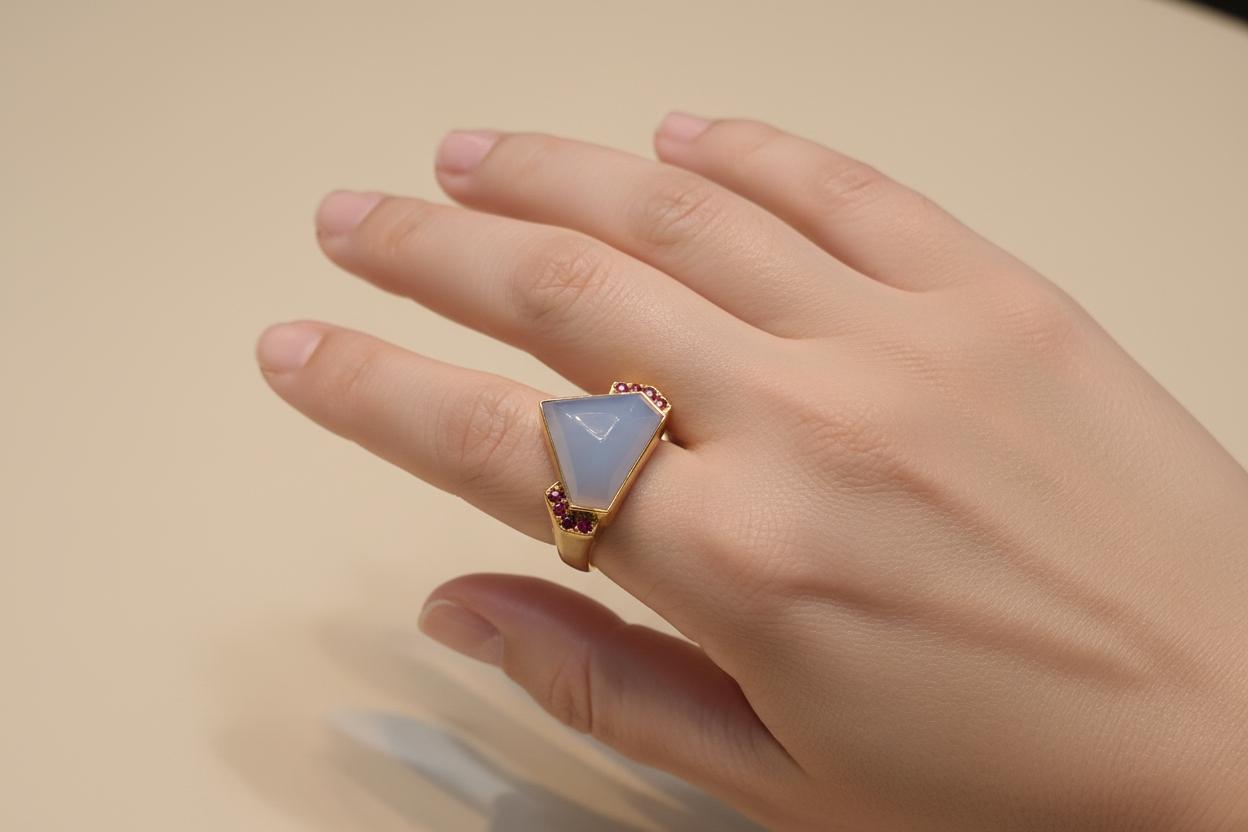 Ring in 18k Gold with Chalcedony and Rubies (B-43)