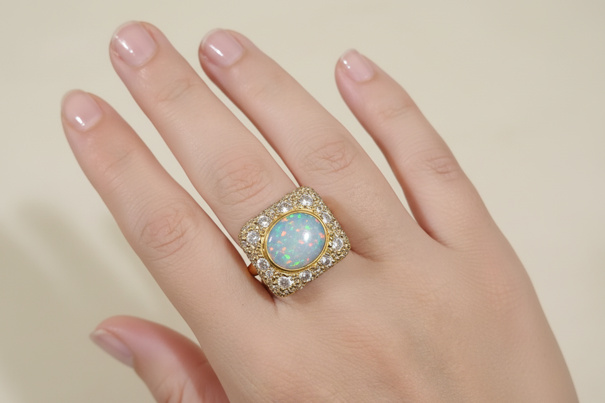 Ring in 18k Gold with an Australian bulder opal and diamonds chips (B-15)
