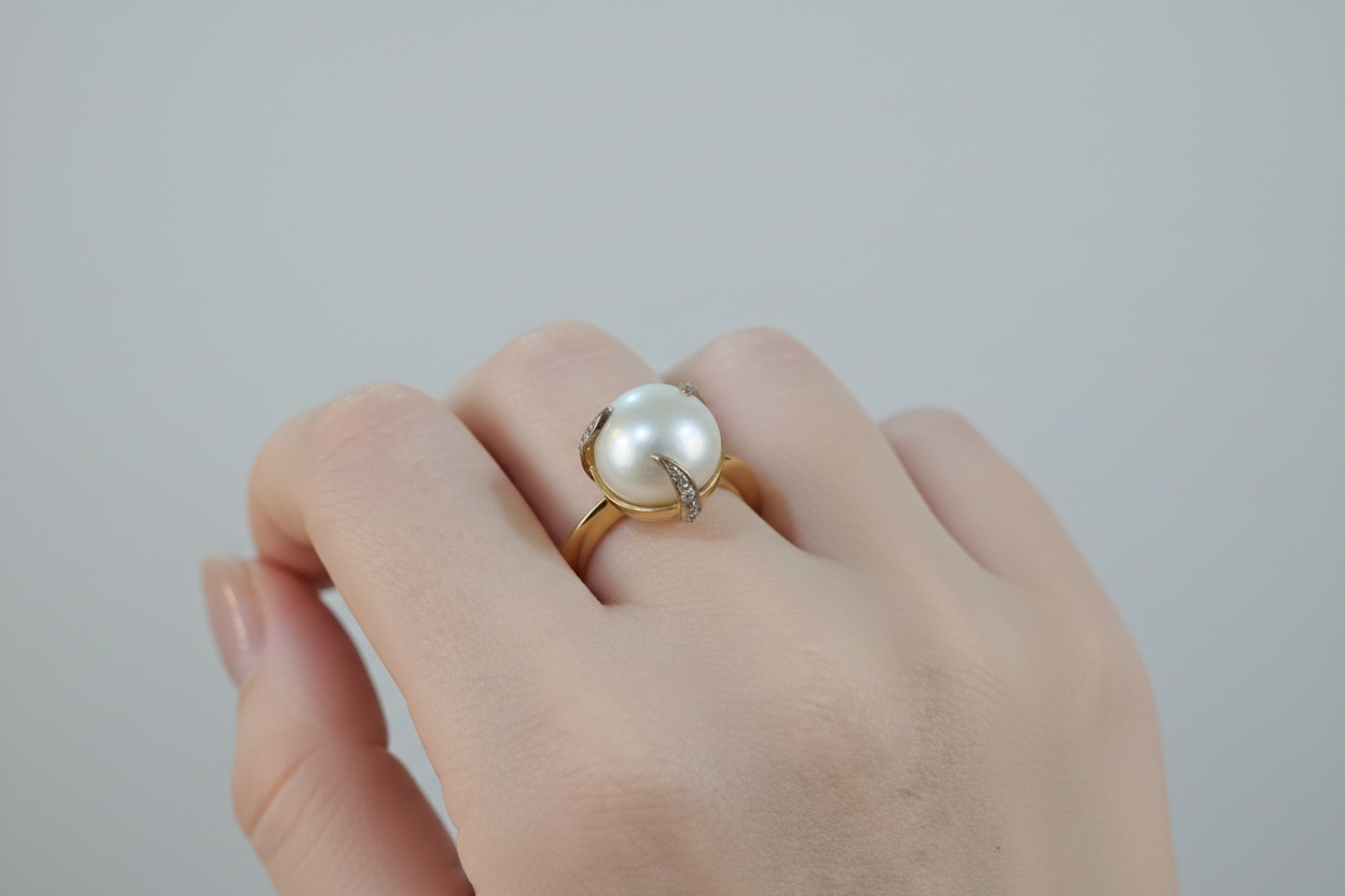 Ring in 18k gold with a south sea round pearl and brilliants (B-124)
