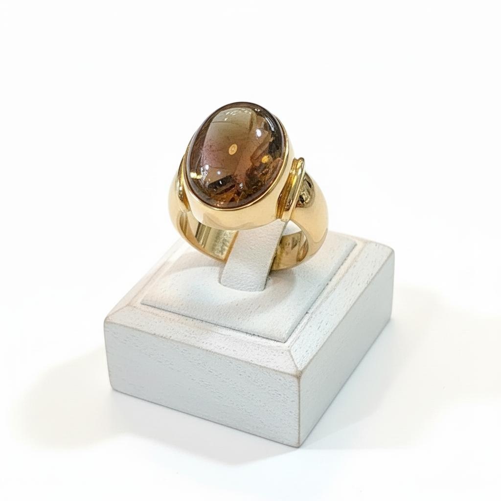 Ring in 18k gold with an oval cabochon green pink tourmaline, Fine Ring, Handmade Ring, Greek Jewelry